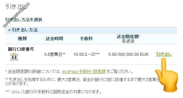 エコペイズから日本の国内銀行に出金手続きをする画面