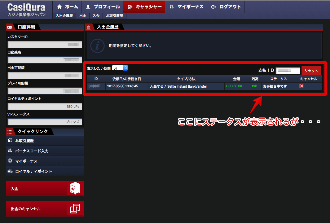 カジノ倶楽部ジャパン公式サイトキャッシャー画面の写真