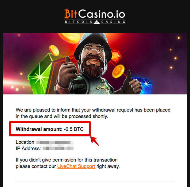 ビットカジノアイオーからビットコインが引き出された通知メールの写真