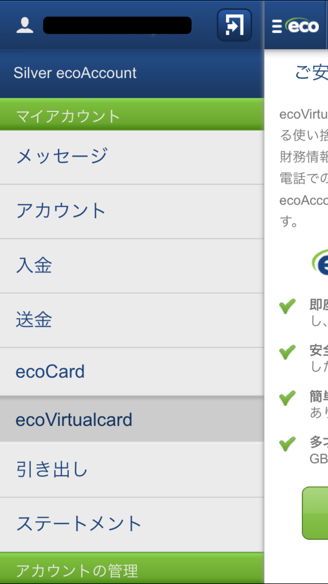 エコペイズスマホアプリからバーチャルカード発行画面